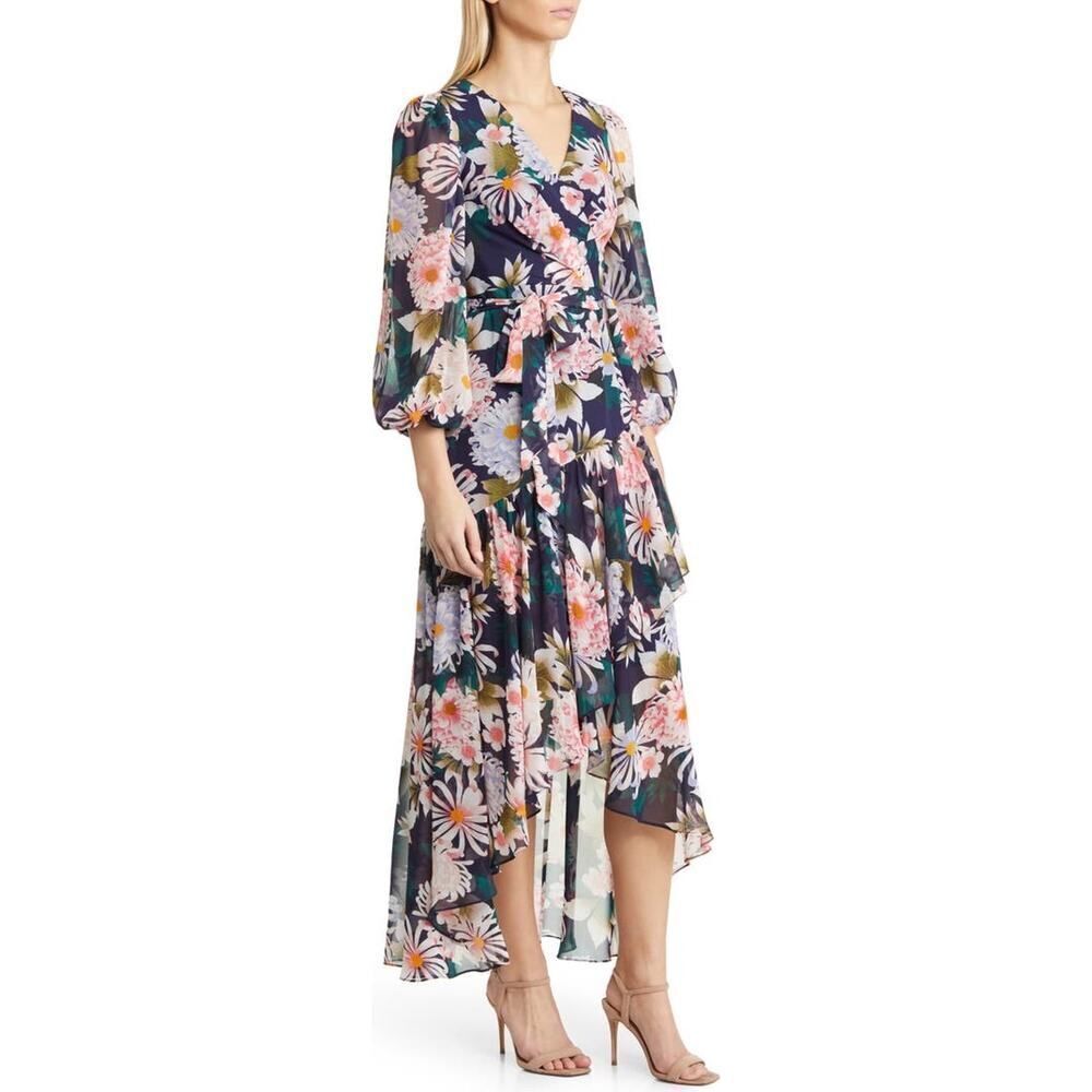 Eliza J Floral Long Sleeve High-Low Faux Wrap Dress Women's 8 Blue Floral NWT - Picture 12 of 12
